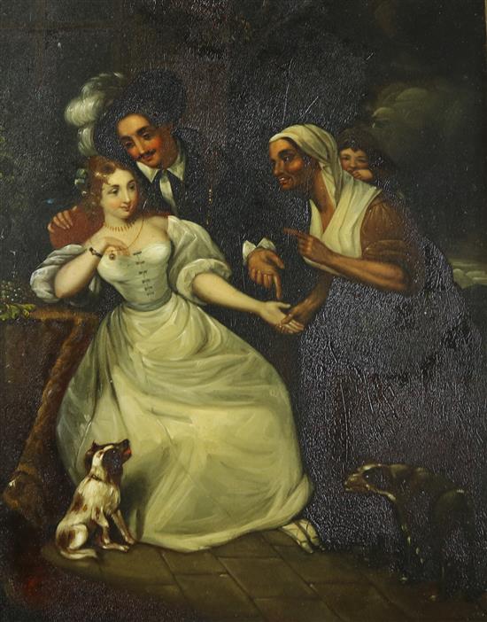 A 19th century German process painting on zinc Interior scene with figures 23 x 18cm.